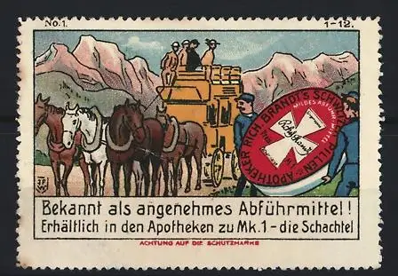 Künstler-Reklamemarke Johann Peter Werth, Brandt's Schweizer Pillen Abführmittel, Postkutsche in Berglandschaft