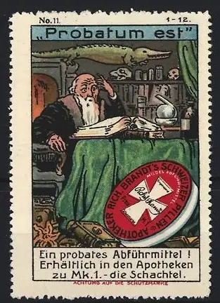 Künstler-Reklamemarke Johann Peter Werth, Apotheker mit Rich. Brandt's Abführmittel