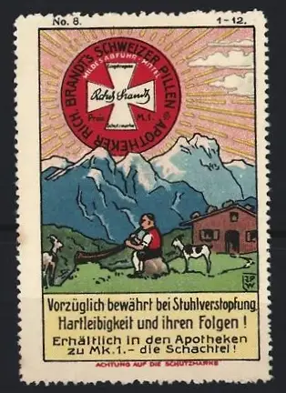 Künstler-Reklamemarke Johann Peter Werth, Abführmittel Brandts Schweizer Pillen, Alpenszene mit Alphornbläser
