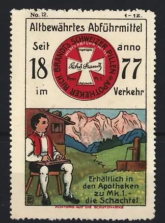 Künstler-Reklamemarke Johann Peter Werth, Rich. Brandt's Abführmittel, Almbauer spielt auf Zither