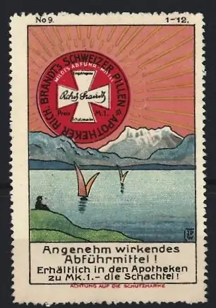 Künstler-Reklamemarke Johann Peter Werth, Rich. Brandt's Abführmittel, Sonnenstrahlen über See und Bergen in den Alpen