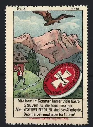 Künstler-Reklamemarke Johann Peter Werth, Abführmittel Brandt`s Schweizer Pillen, Alpenlandschaft und Adler