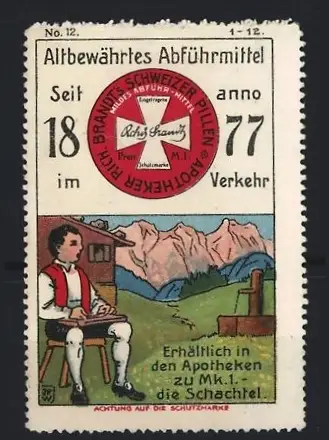 Künstler-Reklamemarke Johann Peter Werth, Rich. Brandt's Abführmittel anno 1877, Almbauer mit Zither