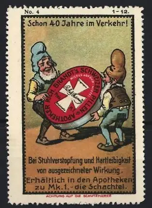 Künstler-Reklamemarke Johann Peter Werth, Rich. Brandt's Abführmittel, Zwerge tragen Pillendose