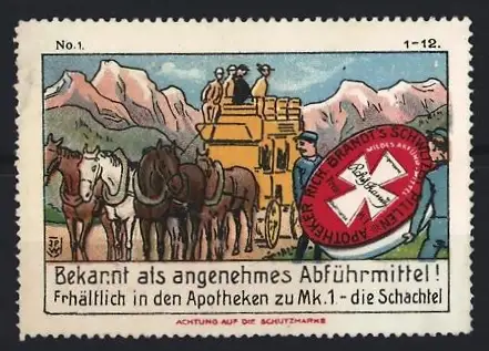 Künstler-Reklamemarke Johann Peter Werth, Rich. Brandt's Abführmittel, Postkutsche und Berge