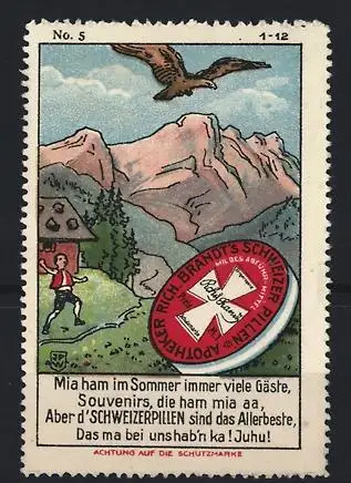 Künstler-Reklamemarke Johann Peter Werth, Abführmittel Brandts Schweizer Pillen, Berge und Adler in den Schweizer Alpen