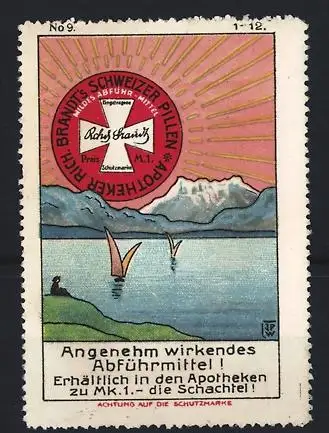 Künstler-Reklamemarke Johann Peter Werth, Abführmittel Brandt's Schweizer Pillen, Segelboote auf See
