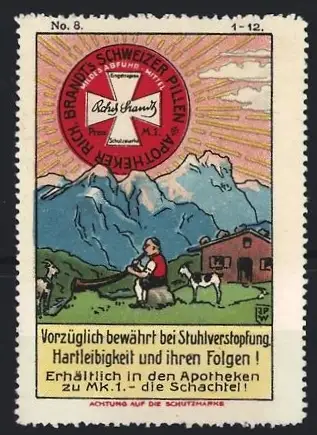 Künstler-Reklamemarke Johann Peter Werth, Abführmittel Rich. Brandt's Schweizer Pillen, Alpenlandschaft & Alphornbläser