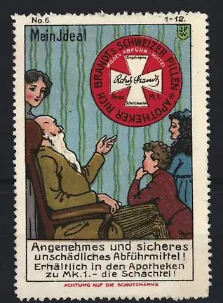 Künstler-Reklamemarke Johann Peter Werth, Brandt's Schweizer Pillen Abführmittel, Enkel lauschen Grossvaters Geschichten