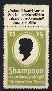 Reklamemarke Shampoo mit Kamillen-Zusatz, Schwarzer Kopf-Silhouette