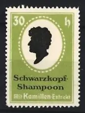 Reklamemarke Schwarzkopf-Shampoon, Silhouette mit Kamillen-Extrakt, grün