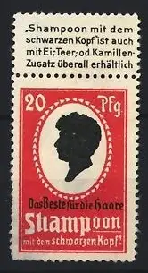 Reklamemarke Shampoon mit dem schwarzen Kopf, Silhouette eines Kopfes, rot