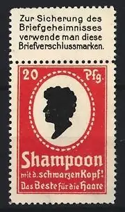 Reklamemarke Shampoon mit schwarzem Kopf, Silhouette eines Kopfes, rot
