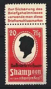 Reklamemarke Shampoon mit dem schwarzen Kopf, Silhouette eines Kopfes, rot