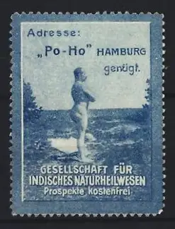 Reklamemarke Hamburg, Gesellschaft für Indisches Naturheilwesen, Männerakt der Freikörperkultur fröhnend
