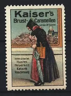 Reklamemarke Kaiser`s Brust-Caramellen, Dame vor Schaufenster einer Apotheke