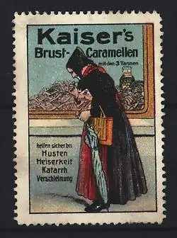 Reklamemarke Kaiser`s Brust-Caramellen, Dame mit Schirm vor Schaufenster einer Apotheke