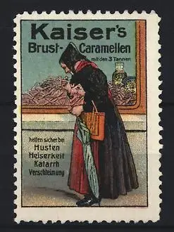 Reklamemarke Kaiser`s Brust-Caramellen, Dame mit Schirm vor einem Schaufenster