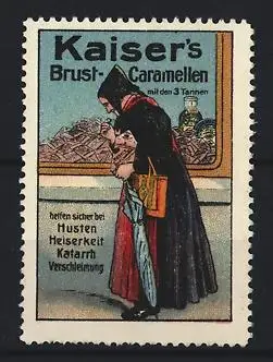 Reklamemarke Kaiser`s Brust-Caramellen, Dame mit Schirm vor Schaufenster