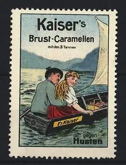 Reklamemarke Kaiser`s Brust-Caramellen, Gegen Husten, Paar im Segelboot auf See