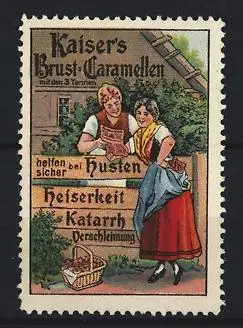 Reklamemarke Kaiser`s Brust-Caramellen, Damen in Tracht am Gartenzaun