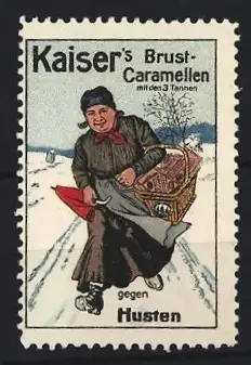 Reklamemarke Kaiser`s Brust-Caramellen, Frau mit Korb im Schnee laufend
