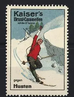 Reklamemarke Kaiser`s Brust-Caramellen, gegen Husten, Skifahrer in der Abfahrt