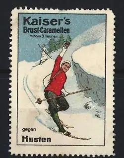 Reklamemarke Kaiser`s Brust-Caramellen, Skifahrer im Schnee auf einem Hang