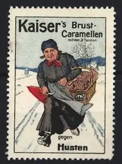 Reklamemarke Kaiser`s Brust-Caramellen, Gegen Husten, Frau mit Korb und Schirm