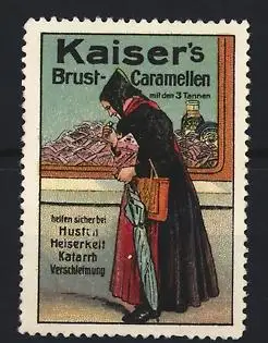 Reklamemarke Kaiser`s Brust-Caramellen, Frau mit Schirm vor Apotheken-Schaufenster