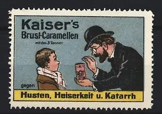 Reklamemarke Kaiser`s Brust-Caramellen, Mann mit Zylinder bietet Kind Bonbons an