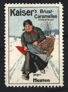 Reklamemarke Kaiser`s Brust-Caramellen, Frau mit Korb und Schirm im Schnee