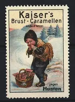 Reklamemarke Kaiser`s Brust-Caramellen, Kind im Schnee mit Korb voller Hustenbonbon's