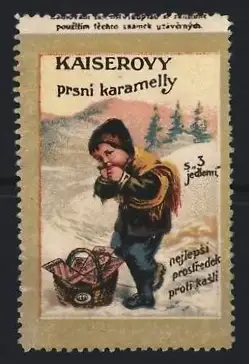 Reklamemarke Kaiser's Brustkaramellen, Kaiserovy, Prsní Karamelly, Kind mit Korb voller Hustenbonbons im Schnee
