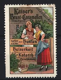 Reklamemarke Kaiser`s Brust-Caramellen, Damen im Gespräch am Gartenzaun