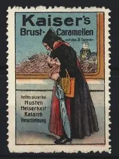 Reklamemarke Kaiser`s Brust-Caramellen, Dame mit Schirm vor Ladenfenster