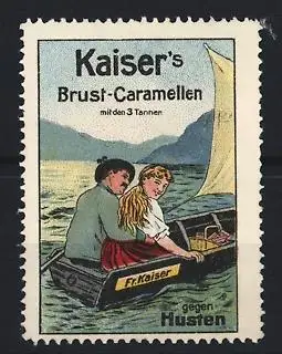 Reklamemarke Kaiser`s Brust-Caramellen, gegen Husten, Paar im Boot