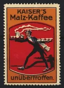 Reklamemarke Kaiser`s Malz-Kaffee, Unübertroffen, Kellner mit Tablett