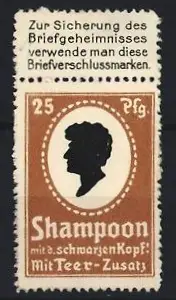 Reklamemarke Shampoon mit schwarzem Kopf, Silhouette eines Kopfes