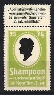 Reklamemarke Shampoon mit Kamillen-Zusatz, Schwarzer Kopf-Silhouette, grün