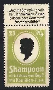 Reklamemarke Shampoon mit Kamillen-Zusatz, Silhouette eines Kopfes, grün