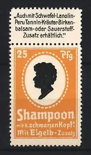 Reklamemarke Shampoon mit Ei, Silhouette eines Kopfes, orange
