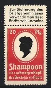 Reklamemarke Shampoon mit schwarzem Kopf, Silhouette eines Kopfes, rot