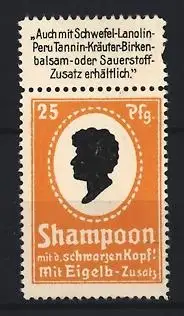Reklamemarke Shampoon mit schwarzem Kopf, Silhouette eines Kopfes, orange