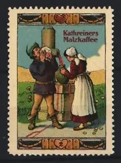 Reklamemarke Kathreiners Malzkaffee, Schlaraffenloand, Mann und Frau trinken Wein aus einem Brunnen