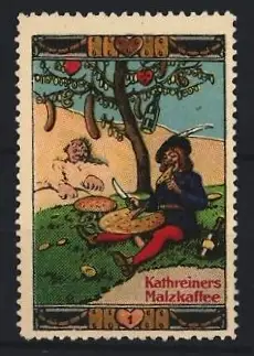 Reklamemarke Kathreiners Malzkaffee, Mann unter Wurstbaum im Schlaraffenland