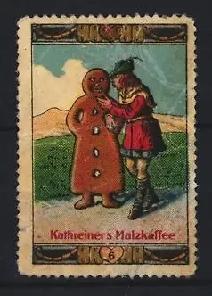Reklamemarke Kathreiner`s Malzkaffee, Lebensgrosser Lebkuchenmann im Schlaraffenland