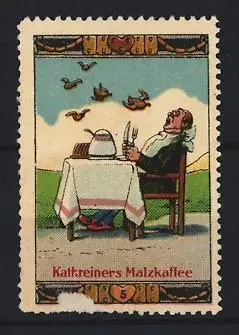 Reklamemarke Kathreiners Malzkaffee, Schlaraffenland, Vögel im Himmel sind bereits fertig gegart