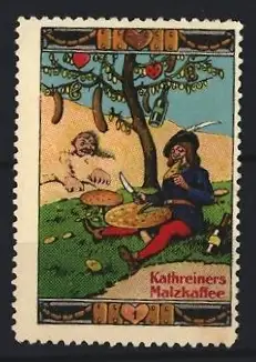 Reklamemarke Kathreiners Malzkaffee, Schlaraffenland-Szene mit Baum voller Speisen