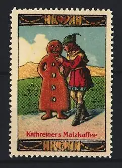 Reklamemarke Kathreiner`s Malzkaffee, Lebensgrosser Lebkuchenmann im Schlaraffenland
